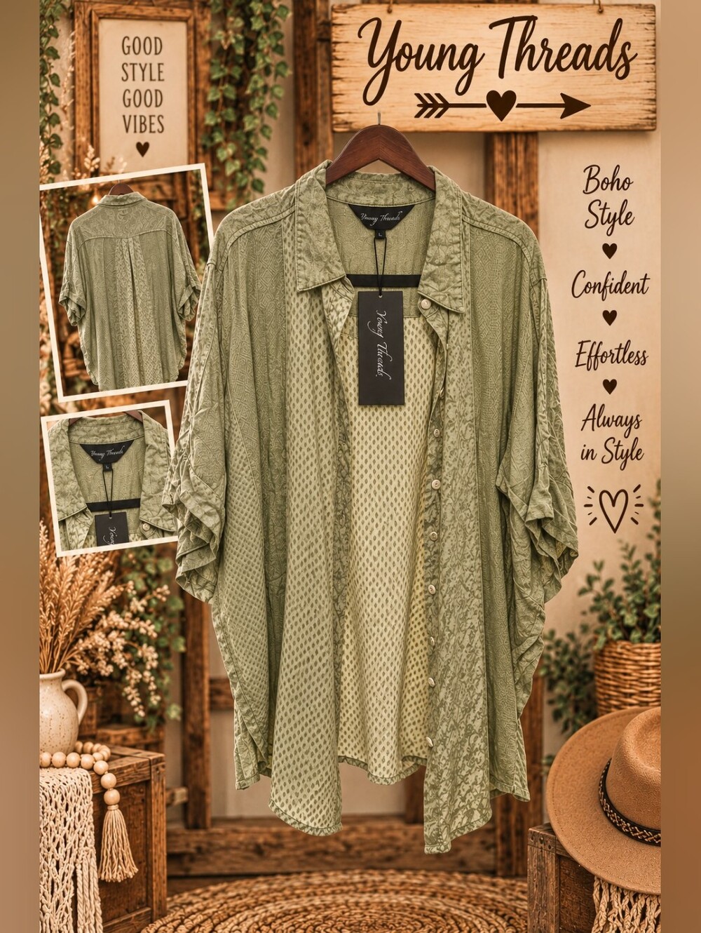 270 Young Threads Olive Green Boho Button-Front Women's Shirt